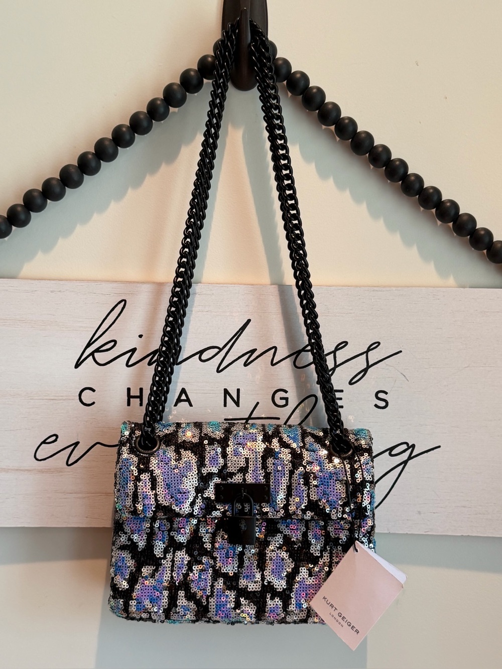 Kurt Geiger London RARE Mini Brixton Blue Leopard Sequin Chain Crossbody Bag NWT - Picture 8 of 13